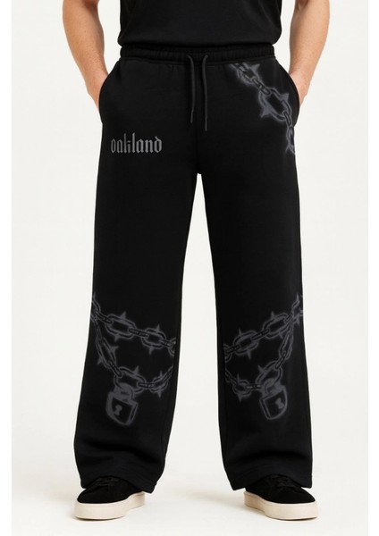 Erkek Üç Iplik Pamuklu Baskılı Cepli Jogger Buggy Pantalon Oversize Kalıp - Siyah fiyatları