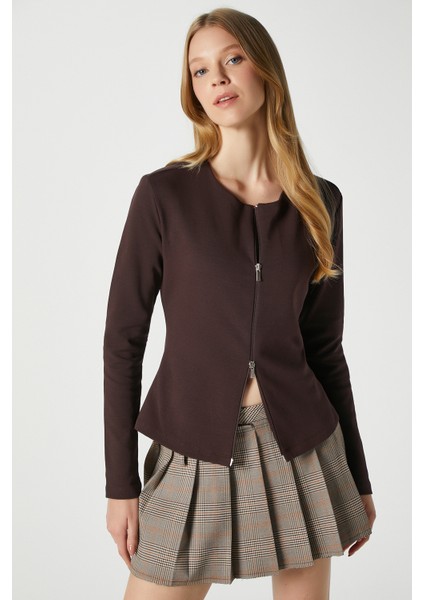 Kadın Dean Premium Çift Taraf Fermuarlı Kahverengi Bluz