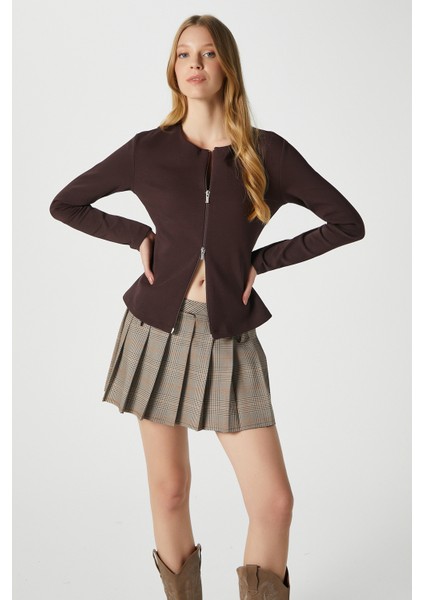 Kadın Dean Premium Çift Taraf Fermuarlı Kahverengi Bluz fırsatları