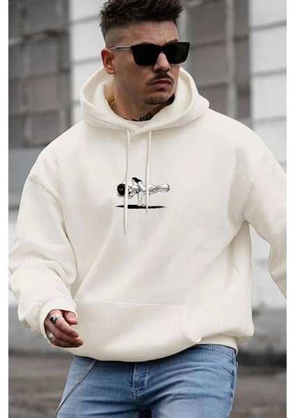 Erkek Baskılı Kapüşonlu ve Kordon Ipli Sweat - Beyaz fiyatları