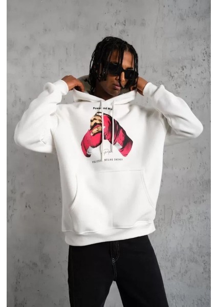 Erkek Eldiven Baskılı Kapüşonlu Sweat - Beyaz