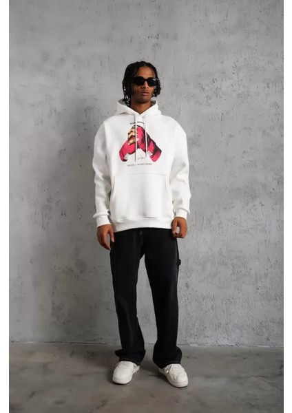 Erkek Eldiven Baskılı Kapüşonlu Sweat - Beyaz fırsatları