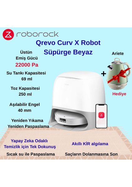 Qrevo Curvx Çöp Istasyonlu Robot Süpürge+Arıete Keetle Hediye