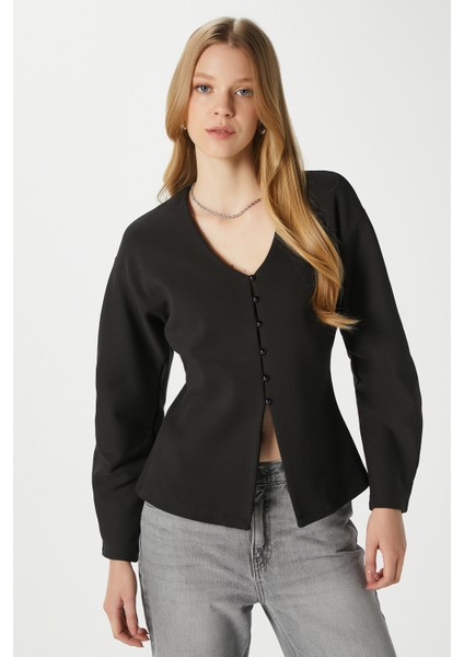 Kadın Osea Premium Bele Oturan Siyah Şık Düğme Detay Peplum Bluz