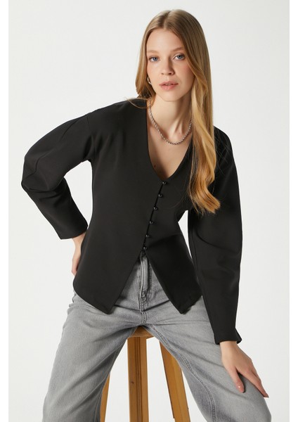 Kadın Osea Premium Bele Oturan Siyah Şık Düğme Detay Peplum Bluz fiyatları