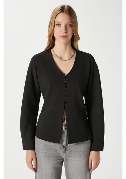 Kadın Osea Premium Bele Oturan Siyah Şık Düğme Detay Peplum Bluz modelleri