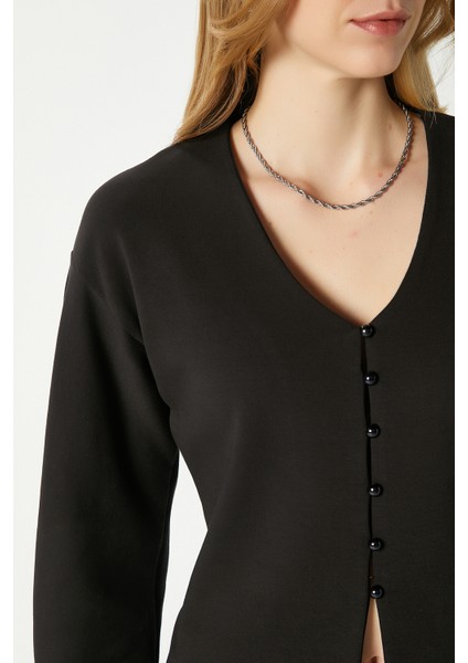 Kadın Osea Premium Bele Oturan Siyah Şık Düğme Detay Peplum Bluz fırsatları