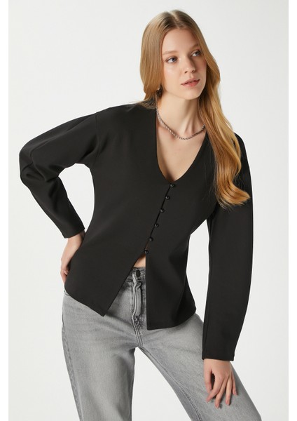 Kadın Osea Premium Bele Oturan Siyah Şık Düğme Detay Peplum Bluz indirimleri