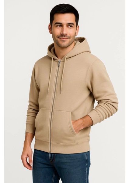Erkek Üç Iplik Kapüşonlu Tam Fermuarlı Kanguru Çepli Sweatshirt Hoodie - Bej modelleri