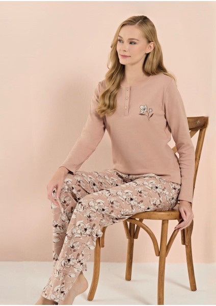 Bayan Interlok Battal Uzun Kollu Pijama Takım