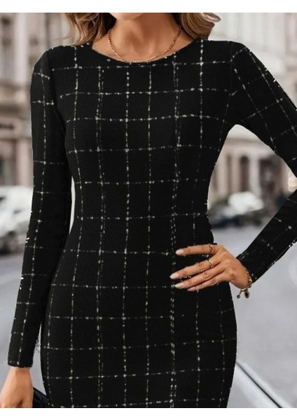 Kadın Uzun Kollu Yuvarlak Yaka Mini Dokuma Elbise fiyatları