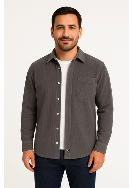 Erkek Fitilli Kadife Cepli Gömlek Oversize Rahat Kalıp - Füme fiyatları