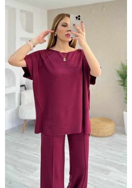 Kadın Kısa Kollu Kayık Yakalı Dikiş Izi Detaylı Viskon Iki Iplik Bluz ve Pantolon Ikili Takım fırsatları