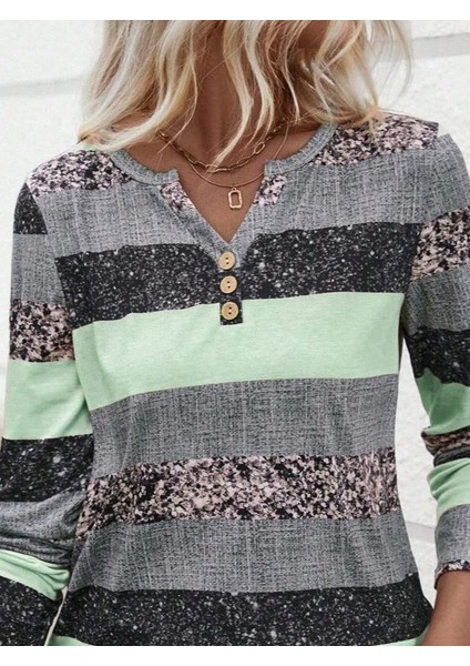 Kadın Uzun Kollu Yakadan Düğmeli Çizgili Desenli Süprem Bluz fiyatları