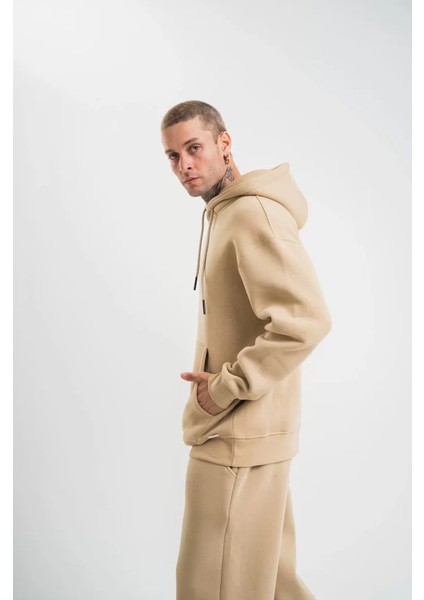 Unisex Double Oversize Kapşonlu Basic Sweatshirt - Bej fiyatları