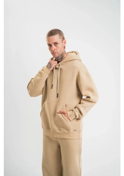 Unisex Double Oversize Kapşonlu Basic Sweatshirt - Bej modelleri