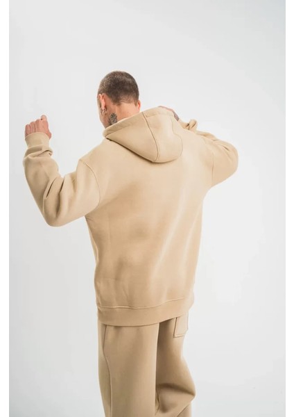 Unisex Double Oversize Kapşonlu Basic Sweatshirt - Bej fırsatları