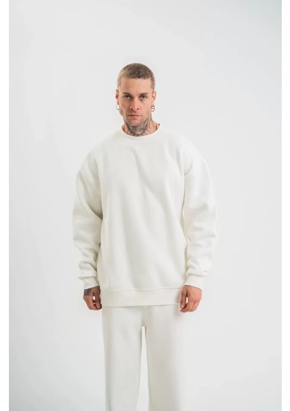 Uzun Kol Bisiklet Yaka Basic Sweatshirt - Beyaz