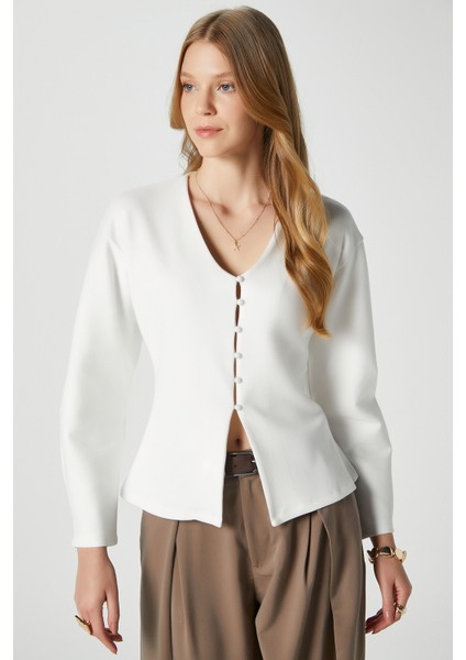 Kadın Osea Premium Bele Oturan Ekru Şık Düğme Detay Peplum Bluz fiyatları