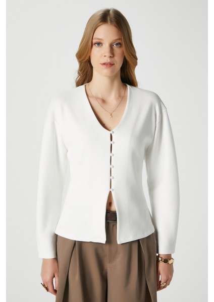 Kadın Osea Premium Bele Oturan Ekru Şık Düğme Detay Peplum Bluz modelleri