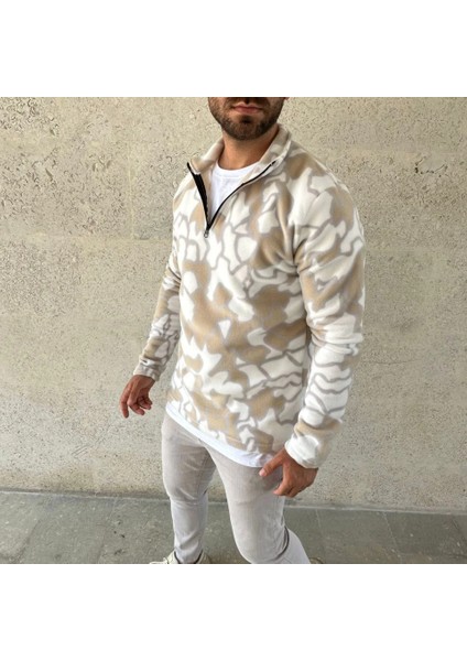 Erkek Yarım Fermuarlı Desenli Polar Sweat Yakalı, Uzun Kollu, Oversize Rahat Kalıp - Bej fiyatları