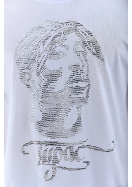 Unisex Oversize Taşlı Bisiklet Yaka T-Shirt - Beyaz modelleri