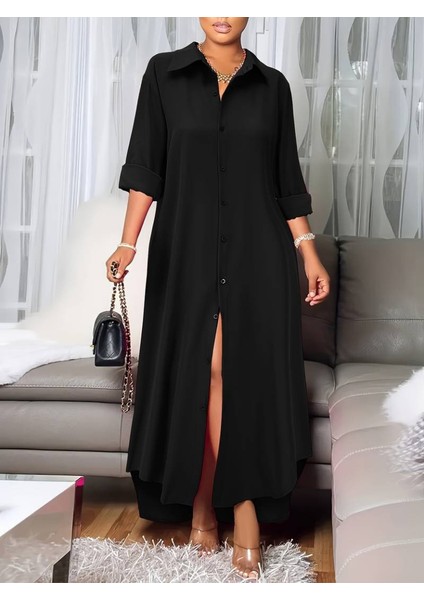 Kadın Uzun Kollu Yakalı Önden Düğmeli Uzun Dokuma Elbise modelleri