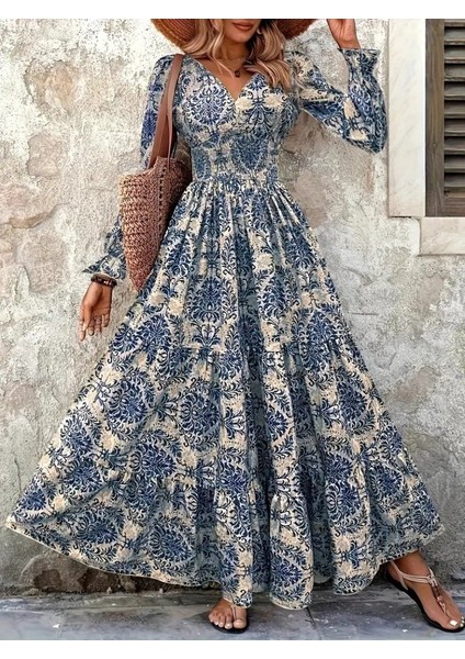 Kadın Uzun Kollu V Yakalı Desenli Süprem Elbise