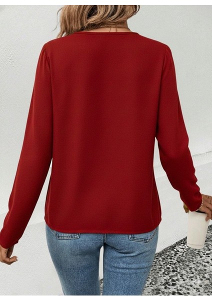 Kadın Uzun Kollu V Parlak Yaka Detaylı Viskon Bluz modelleri