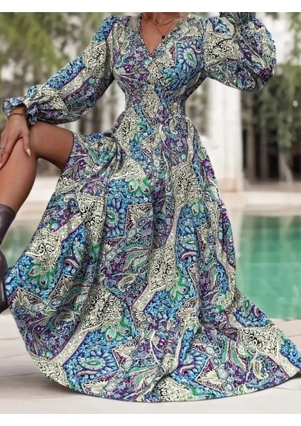 Kadın Uzun Kollu Kruvaze Yakalı Desenli Süprem Maxi Elbise modelleri