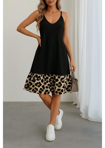 Kadın Ip Detaylı Kısa Elbise Askılı Yuvarlak Yakalı Viskon Etek Süprem Elbise