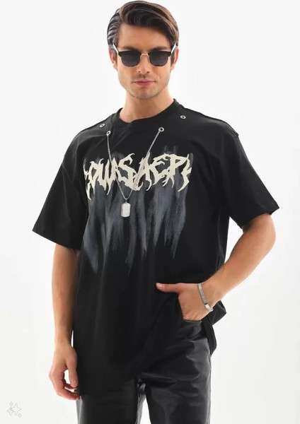 Unisex Oversize Kolye Dahil T-Shirt - Siyah