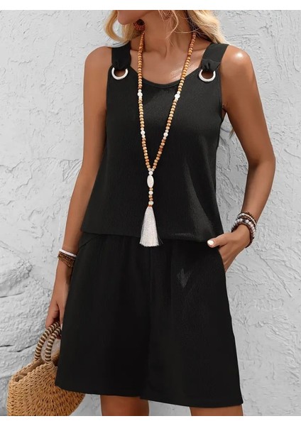 Kadın Askılı Yuvarlak Yaka Kuş Gözü Detaylı Bürümcük Bluz ve Short Ikili Takım fiyatları