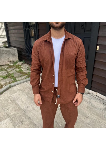 Erkek Kadife Oversize Takım – Gömlek ve Pantolon Ikili Set Füme Corduroy Şıklığı, Rahat V fırsatları