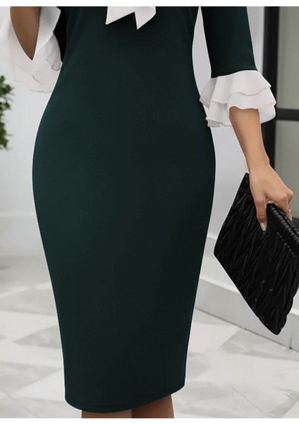 Kadın Truvakar Kollu Fiyonk Yakalı Midi Ithal Krep Elbise modelleri