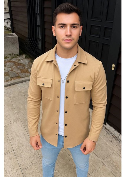 Erkek Diagonal Kumaş Cepli Çıtçıtlı Uzun Kollu, Gömlek Oversize Rahat Kalıp Günlük Şık S