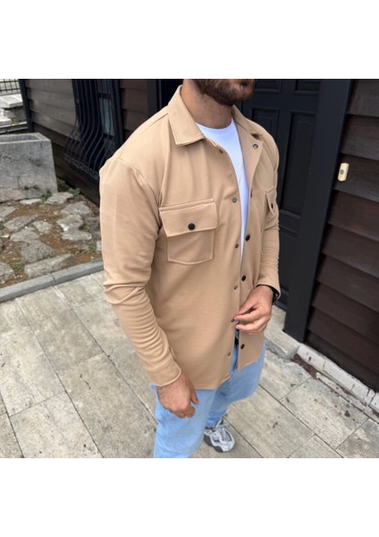 Erkek Diagonal Kumaş Cepli Çıtçıtlı Uzun Kollu, Gömlek Oversize Rahat Kalıp Günlük Şık S fırsatları