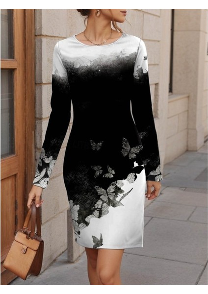 Kadın Uzun Kollu Bisiklet Yaka Çiçek Desenli Kısa Şardonlu Dalgıç Elbise