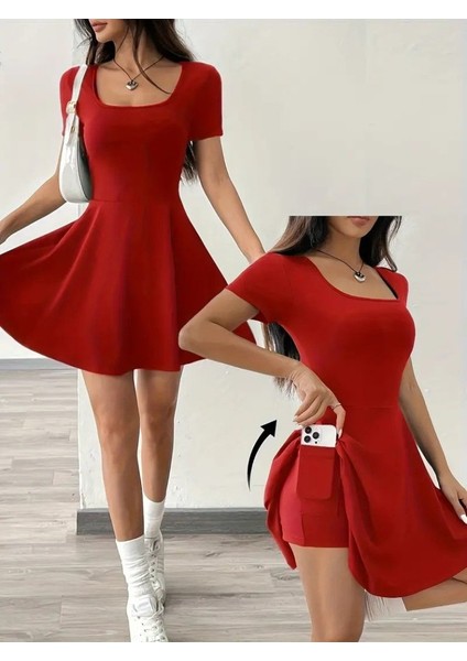 Kadın Kısa Kollu Kare Yaka Short Detaylı Cepli Dalgıç Elbise