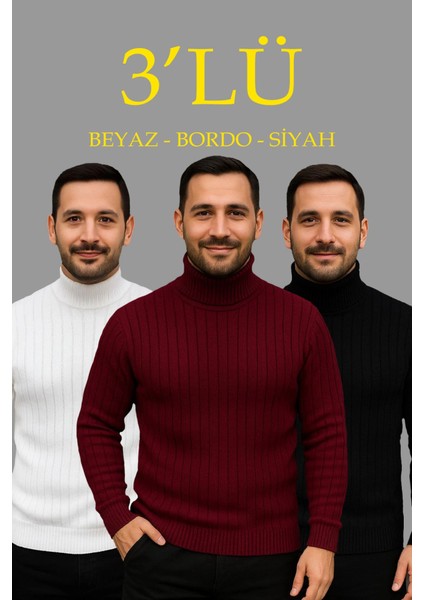 Erkek Fitilli Triko Kazak 3lü Set Beyaz Bordo Siyah Regular Balıkcı Yaka Tam Boğazlı Triko Seti
