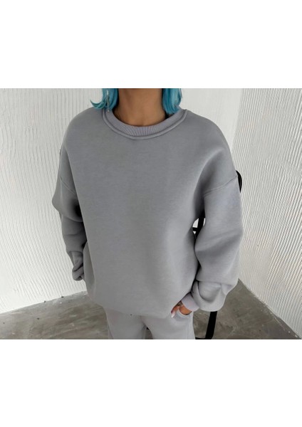 Kışlık Bisiklet Yaka Üç Iplik Basic Sweatshirt - Gri fiyatları