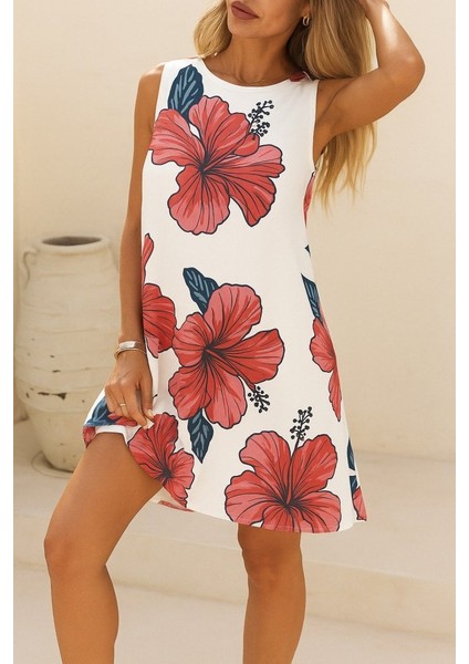 Kadın Sıfır Kol Sırttan Bağlamalı Fırfırlı Çiçek Desenli Süprem Elbise