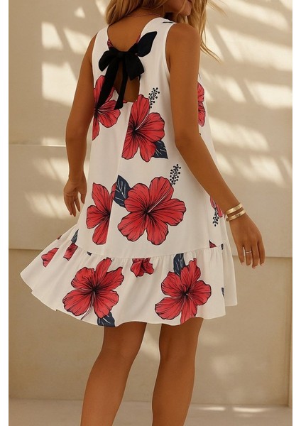 Kadın Sıfır Kol Sırttan Bağlamalı Fırfırlı Çiçek Desenli Süprem Elbise fiyatları