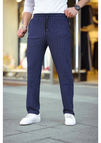 Erkek Cizgili Dokuma Krep Jogger Buggy Pantalon Rahat Kalıp - Lacivert