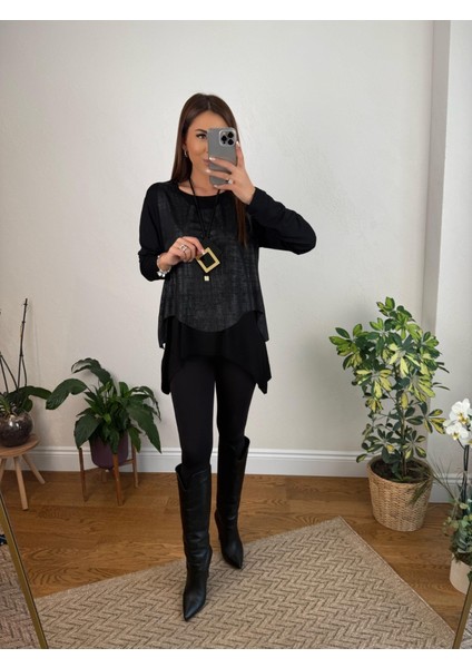 Kadın Siyah Deri Yelekli Kolye Dahil Üçlü Takım