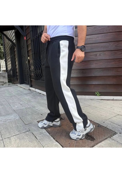 Erkek Üç Iplik Kışlık Pamuklu Yandan Garneli Kalın Şeritli Cepli Eşofman Altı - Siyah modelleri