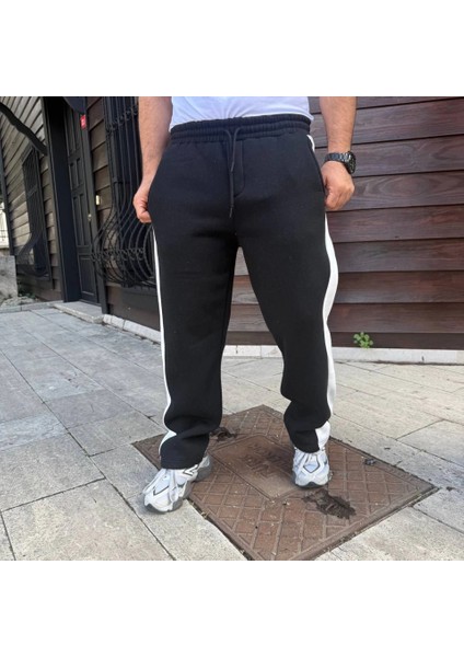 Erkek Üç Iplik Kışlık Pamuklu Yandan Garneli Kalın Şeritli Cepli Eşofman Altı - Siyah fırsatları