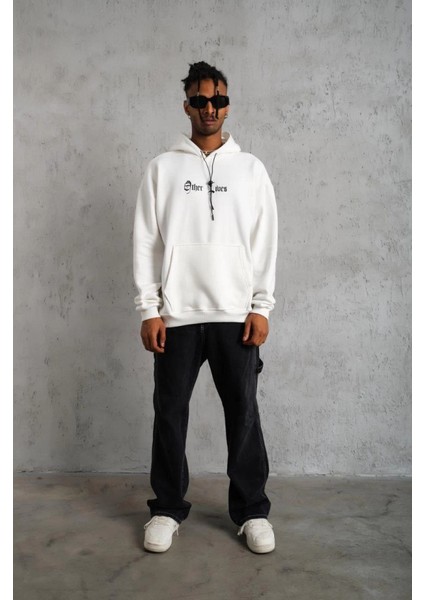 Oversize Üç Iplik Şardonlu Kapüşonlu Sweatshirt – Beyaz “other Lives” Ön ve Arka Baskı modelleri