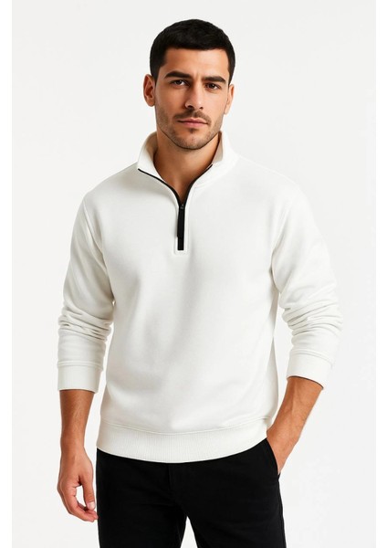 Erkek Dik Yaka Sweatshirt Dik Yaka Yarım Fermuarlı 3 Iplik Şardonlu Pamuk Kumaş - Beyaz modelleri