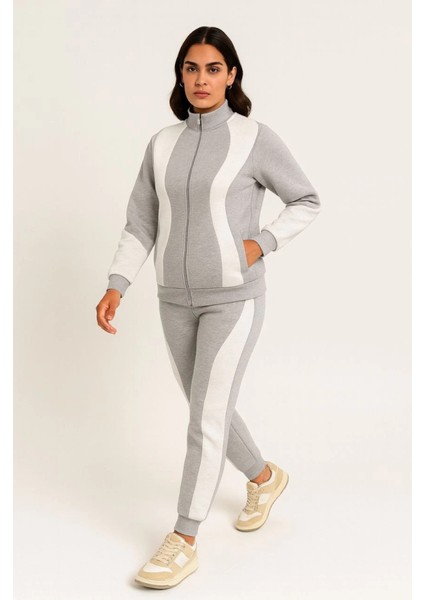 Premium Parçalı Eşofman Takım - Dik Yaka Fermuarlı Sweatshirt - Gri